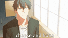 a man in a suit is standing in front of a window with the words `` cheese and hona '' written on it .