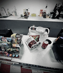 a bag of m & m 's sits on a counter in a kitchen