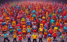 a large group of cartoon characters are standing next to each other in a crowd .