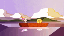 two cartoon characters in a boat one wearing a party hat and the other a sad face