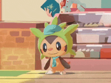 a cartoon character wearing a green hat and scarf is standing in a room