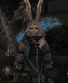 a woman with bunny ears holds a sword in her hand