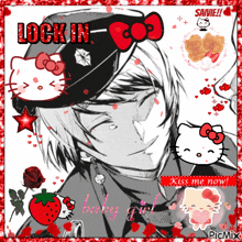 a picture of a boy with a hello kitty hat says lock in baby girl