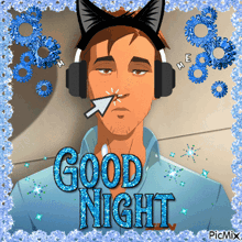 a picture of a man wearing headphones and a cat ear headband that says good night