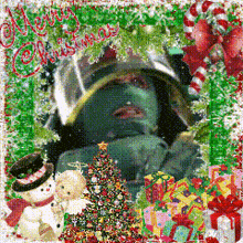 a picture of a man with a christmas tree and snowmen
