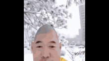 a bald man is standing in front of a snow covered tree .