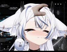 a girl with white hair and horns is being touched by someone