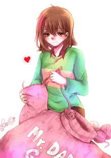 a drawing of a girl knitting with the word mr. on it