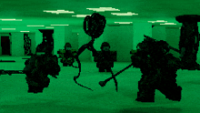 a group of soldiers standing in a room with a green background