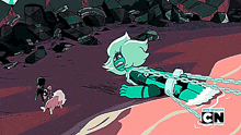 a cartoon of a woman chained to a rock with cn written in the corner