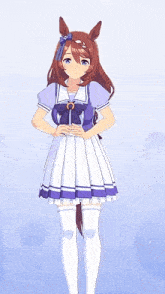 a girl in a dress with a horse 's tail is standing in front of a blue background .