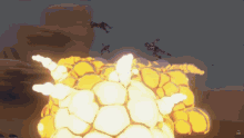 a computer screen shows a large explosion with a few people falling