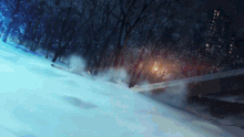 a painting of a snowy forest at night with a few lights