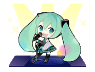 hatsune miku is singing into a microphone on stage