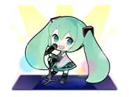 hatsune miku is singing into a microphone on stage