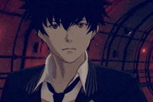 a black haired anime character with red eyes is wearing a suit and tie
