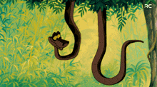 a cartoon snake is hanging from a tree with the letters rc in the corner