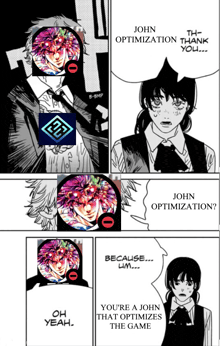a man and a woman are talking to each other and the man is saying john optimization thank you