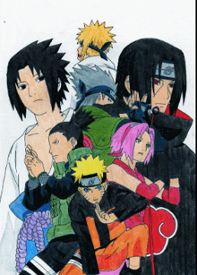 a drawing of a group of anime characters including naruto