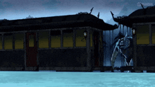 a cartoon drawing of a building with a blue sky in the background and the word bilibili on the bottom