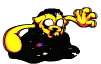 a cartoon dog with a black face and yellow arms is waving .