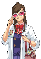 a girl wearing sunglasses and a lab coat holds a bag