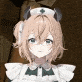 a close up of a nurse with horns wearing a white nurse hat .