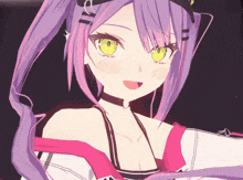 a girl with purple hair and yellow eyes is wearing a choker around her neck