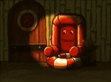 a cartoon drawing of a red chair with a surprised face