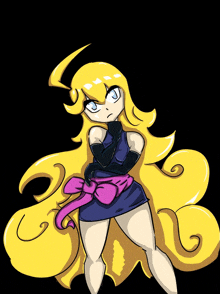 a cartoon drawing of a girl with long blonde hair and a purple bow around her waist