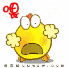 a cartoon chicken with a surprised look on its face and chinese writing behind it .