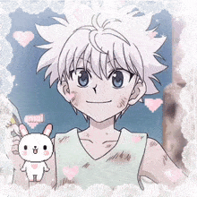a drawing of a boy with white hair and a bunny with the word mai written on it