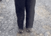 a person wearing black pants and white shoes is standing on a gravel path