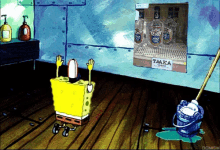 a cartoon of spongebob standing in front of a shelf of taaka vodka