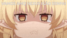 a close up of a girl with the words vamos amo nexus igao senpai written above her