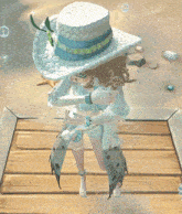 a girl wearing a white hat with a lemon on it is standing on a wooden dock