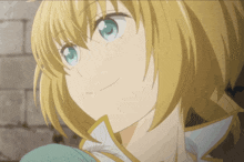 a girl with blonde hair and blue eyes smiles for the camera
