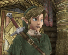 a video game character with a sword and a hood