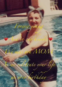 a woman in a bathing suit is standing in a swimming pool with the words forever young mom