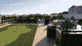 a rendering of a putting green with a red flag