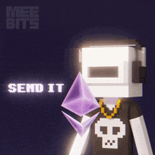a cartoon character with a skull on his shirt and the words mee bits send it above him