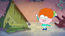 a cartoon character with red hair and a hat that says 88