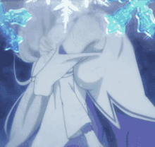 a woman with white hair and a purple cape is surrounded by blue lights