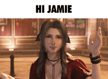 a video game character says hi jamie with her hand up