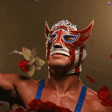 a man wearing a mask that says american