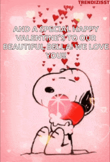 snoopy is holding a heart in his mouth with hearts coming out of his mouth .