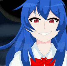 a drawing of a girl with blue hair and a red bow