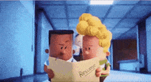 two cartoon characters are looking at a resume together in a hallway .