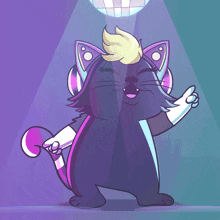 a cartoon cat wearing headphones and a disco ball