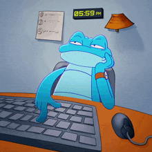 a frog is sitting at a desk with a keyboard and a clock that says 05:59 pm